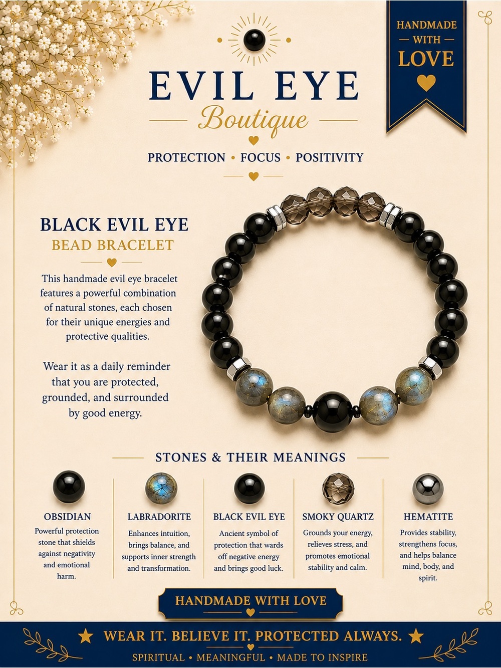 🖤Black Evil Eye Bead Bracelet - Labradorite & Obsidian🖤